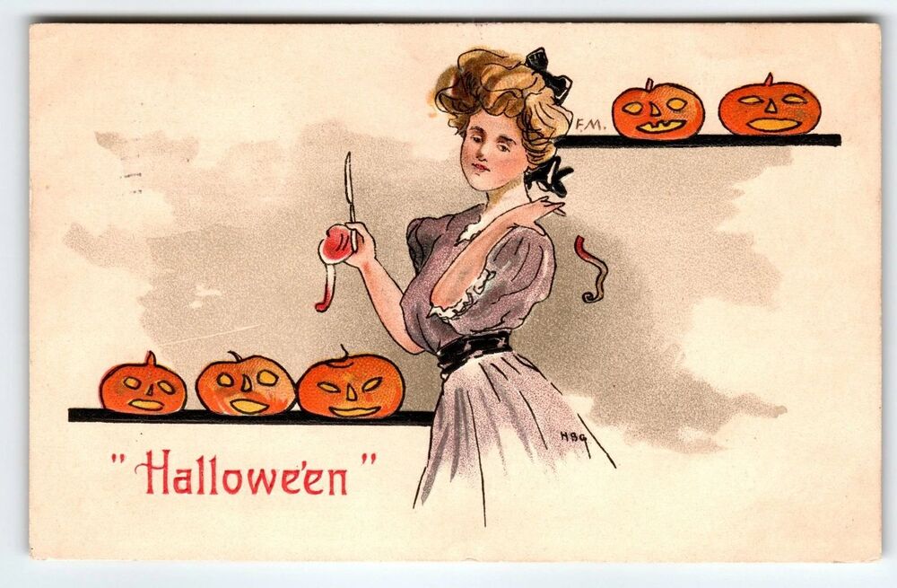1909 Halloween Divided Back Postcard Woman Carving Jack-o'-Lanterns HB Griggs